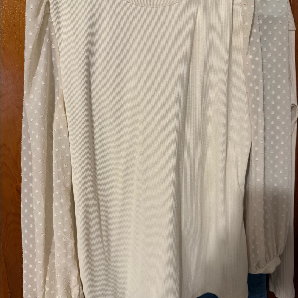 Who What Wear Cream Blouse with Sheer Polka Dot Sleeves